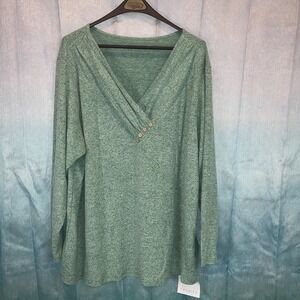 NWT Yousify Pullover Sweater Button Accents US 3X Plus Heathered Sage Green